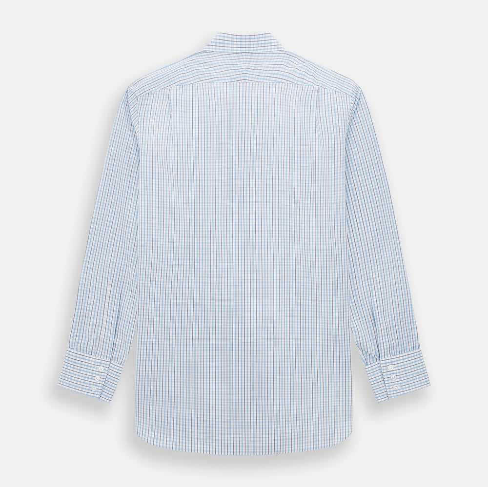 The Turnbull & Asser Navy and Blue Multi Check Mayfair Shirt features a crisp blue and navy check pattern, T&A collar, long sleeves, and a tailored Mayfair fit.