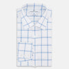 View 5 of product The Turnbull & Asser Colony Blue Grid Check Mayfair Shirt features long sleeves, a button-down front, Italian cotton fabric, a spread collar, and buttoned cuffs, shown against a plain white background.