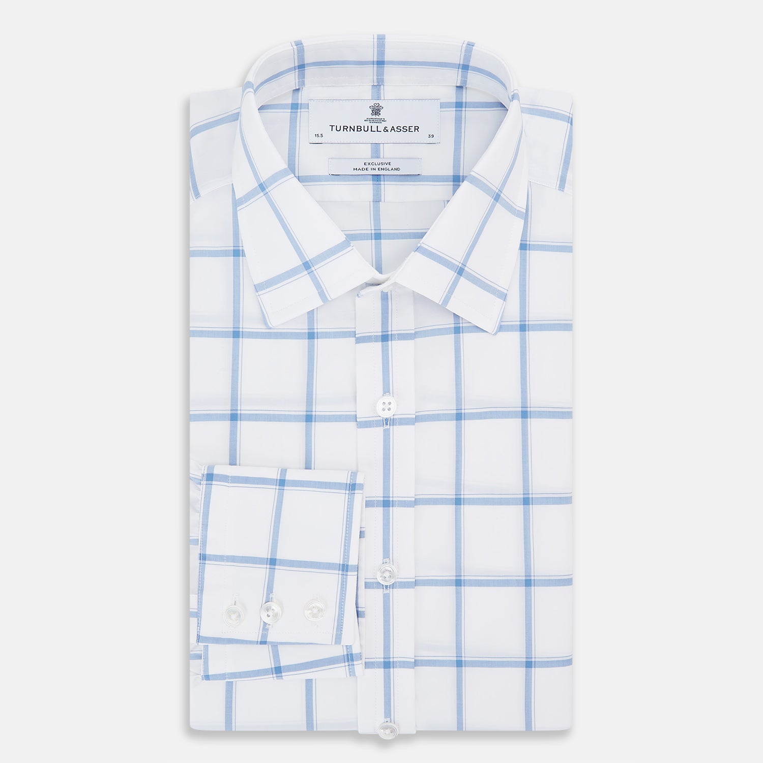 View 5 of product The Turnbull & Asser Colony Blue Grid Check Mayfair Shirt features long sleeves, a button-down front, Italian cotton fabric, a spread collar, and buttoned cuffs, shown against a plain white background.