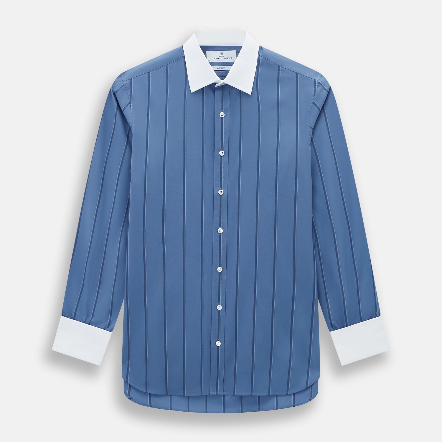 View 1 of product The Turnbull & Asser Steel Grey Track Stripe Shirt features vertical black stripes, a contrast white T&A collar, and white cuffs, shown against a plain light background.