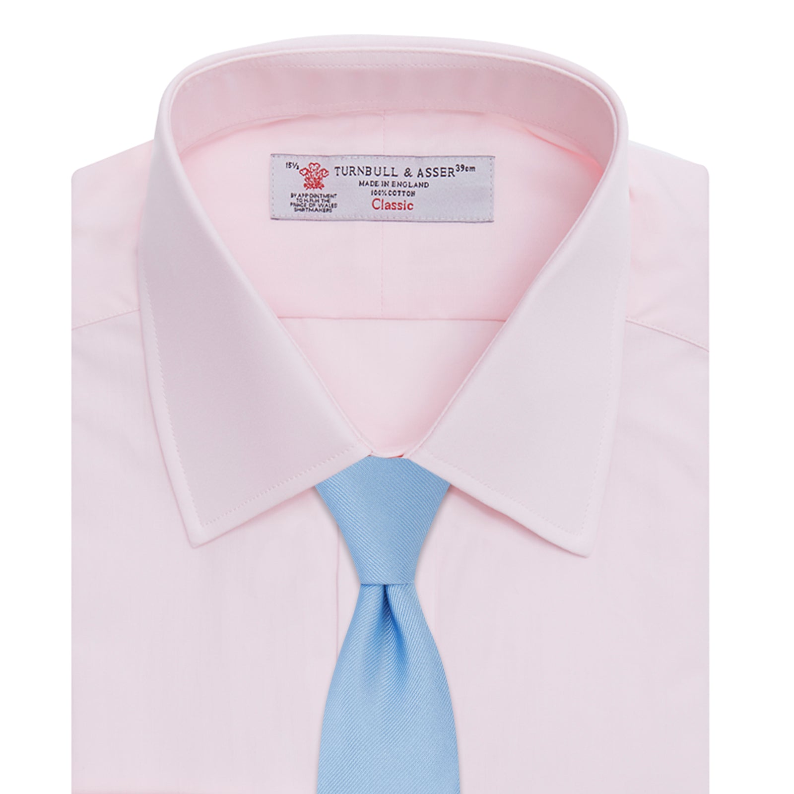 View 4 of product A Turnbull & Asser Pink Cotton Shirt with a T&A collar and double cuffs is displayed against a white background. The men's shirt features long sleeves, white buttons, and the label is visible inside the collar.