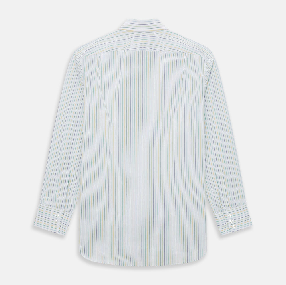 The Turnbull & Asser Multi Tone Double Pinstripe Mayfair Shirt is a long-sleeve pure cotton shirt with a collar and thin blue, green, and yellow double pinstripes on a white background.