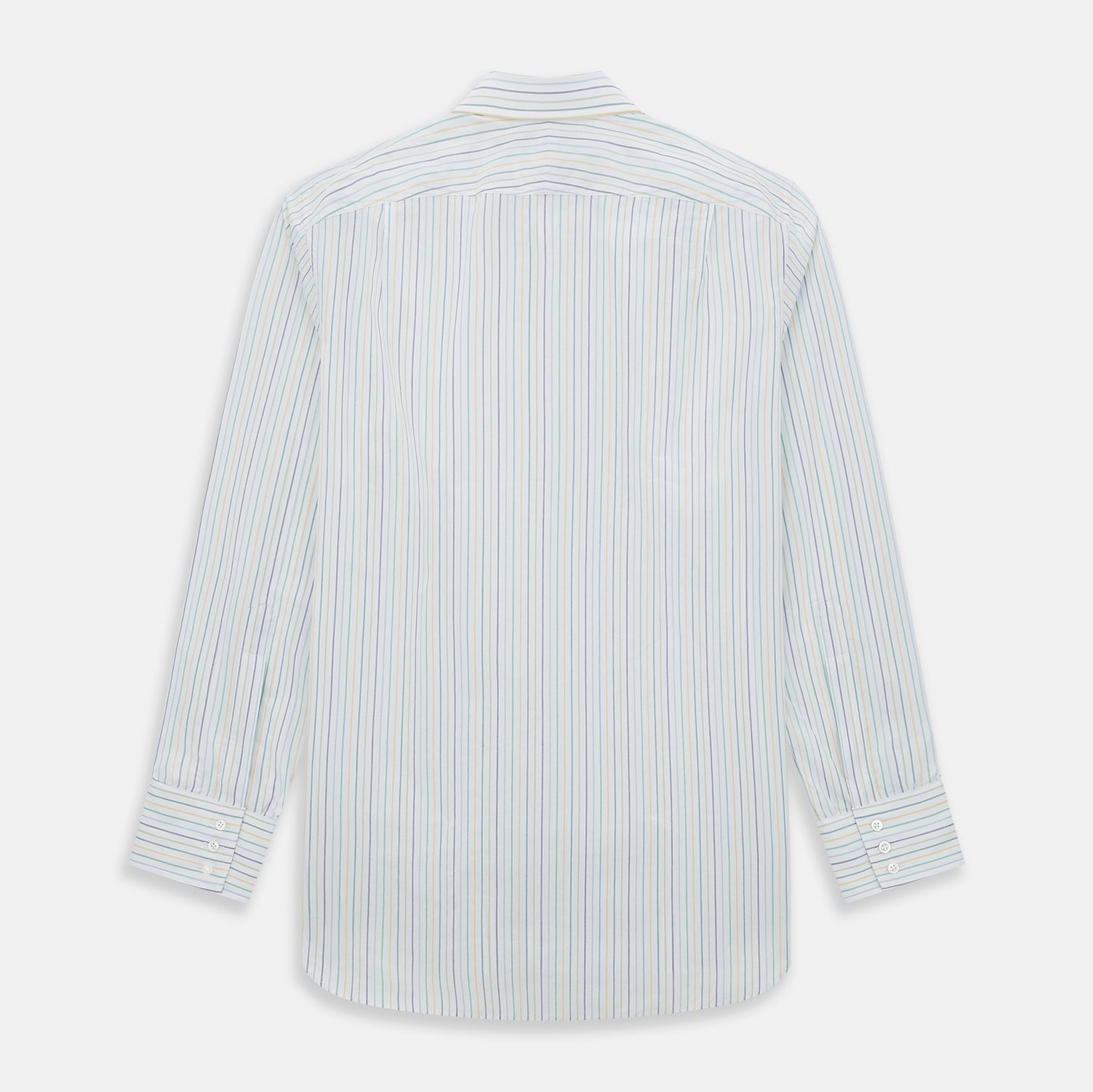 View 3 of product The Turnbull & Asser Multi Tone Double Pinstripe Mayfair Shirt is a long-sleeve pure cotton shirt with a collar and thin blue, green, and yellow double pinstripes on a white background.