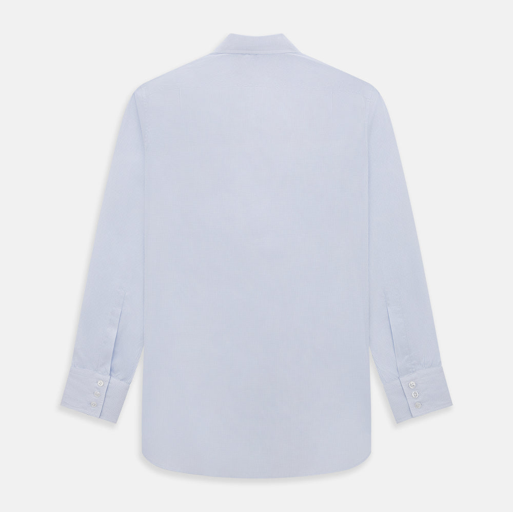 The Turnbull & Asser Blue and White Micro Check Mayfair Shirt features a pointed collar and white buttons, shown flat against a white background.