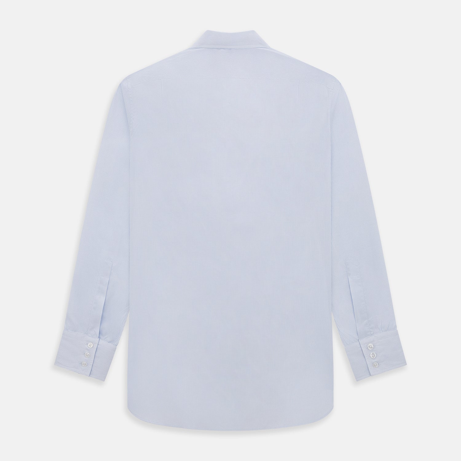 View 3 of product The Turnbull & Asser Blue and White Micro Check Mayfair Shirt features a pointed collar and white buttons, shown flat against a white background.