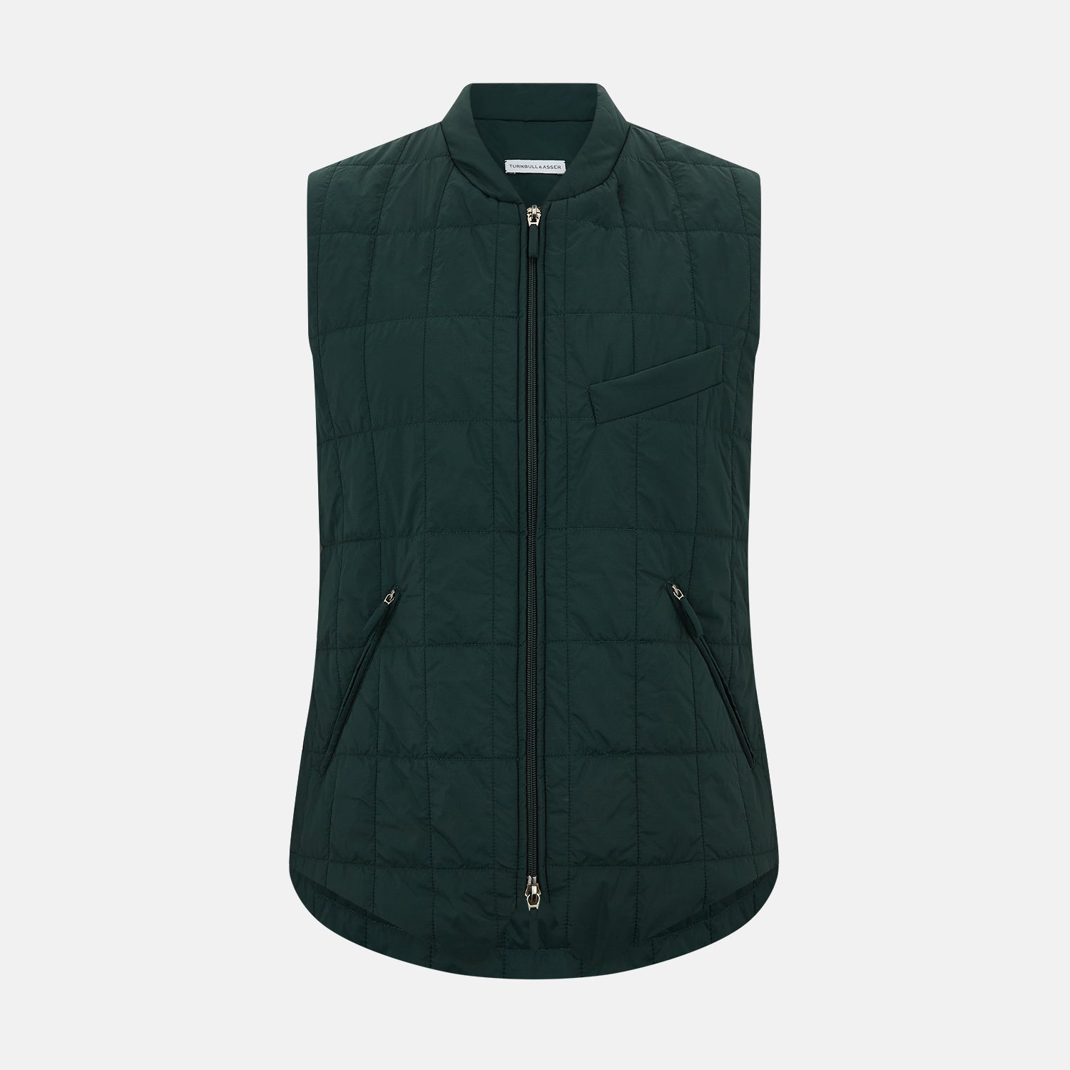 View 1 of product Turnbull & Asser Forest Green Quilted Gilet features a front zipper, two zippered side pockets, and a small chest pocket. Shown against a white background, it's a stylish lightweight layer for any season.