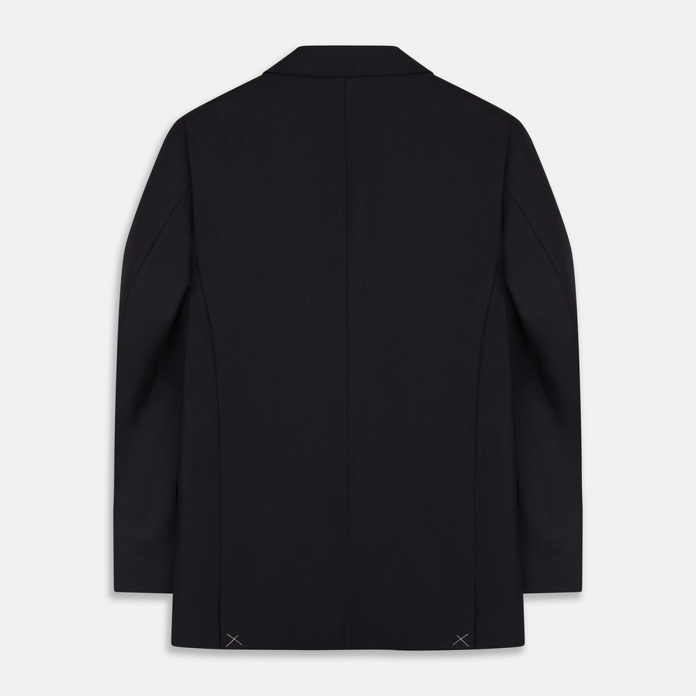 The Midnight Navy Wool Barrington Blazer by Turnbull & Asser features a single-breasted design with notched lapels, three front flap pockets, one chest pocket, and a two-button closure, neatly laid flat against a white background.