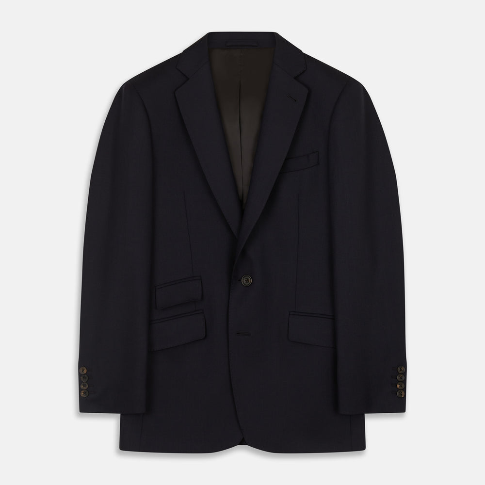 The Midnight Navy Wool Barrington Blazer by Turnbull & Asser features a single-breasted design with notched lapels, three front flap pockets, one chest pocket, and a two-button closure, neatly laid flat against a white background.