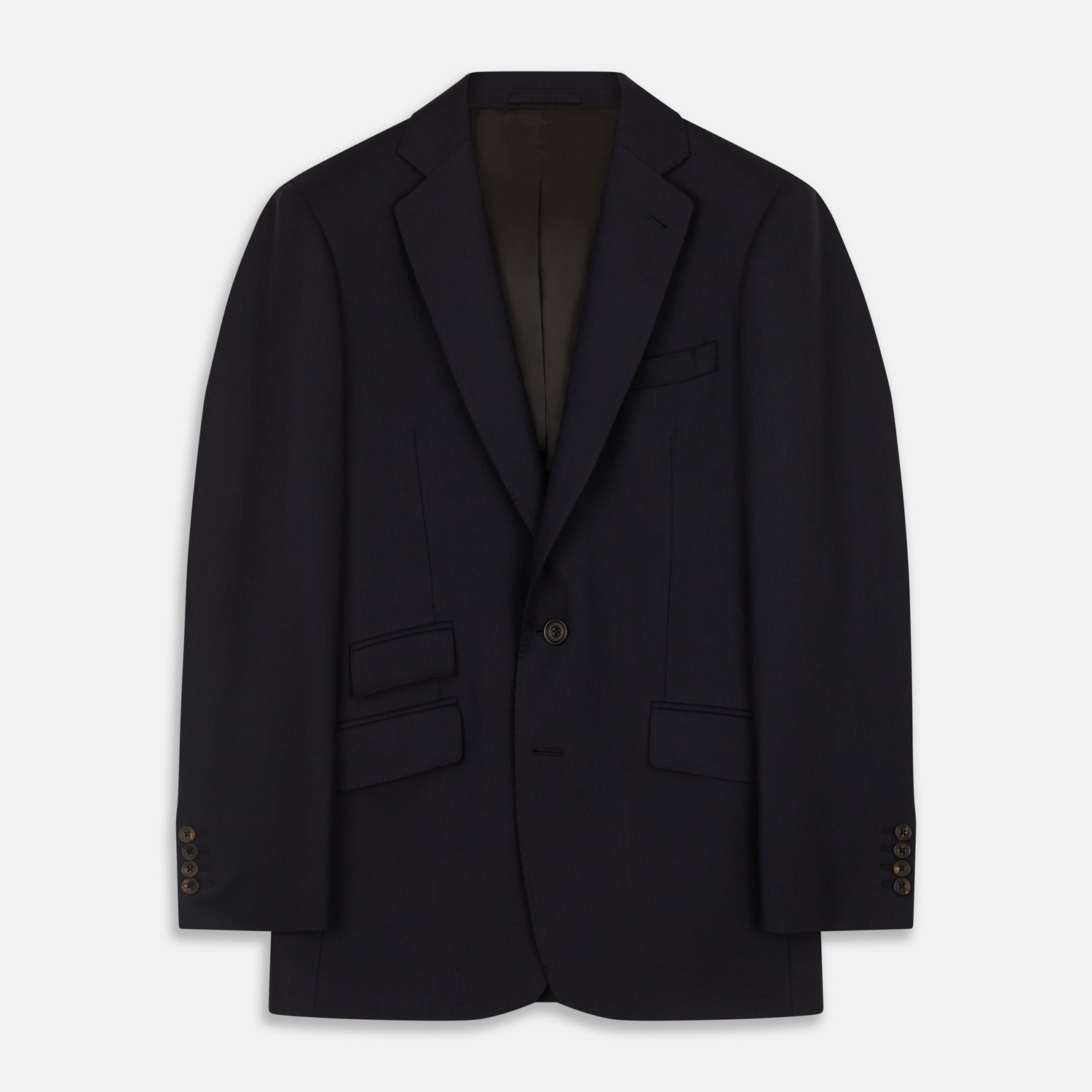 View 1 of product The Midnight Navy Wool Barrington Blazer by Turnbull & Asser features a single-breasted design with notched lapels, three front flap pockets, one chest pocket, and a two-button closure, neatly laid flat against a white background.