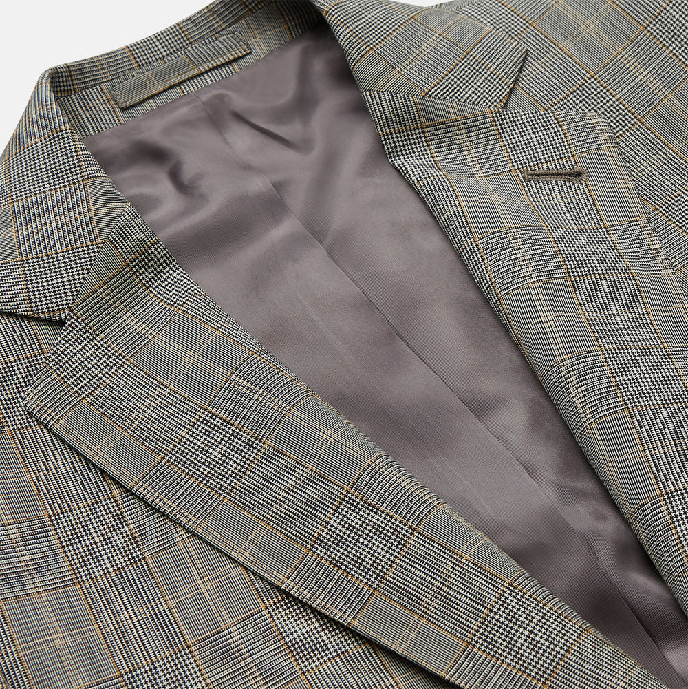 The Turnbull & Asser Beige Wool Prince-of-Wales Check Jacket is a single-breasted blazer with a notched lapel, one-button closure, two front flap pockets, and sleeve button details—an ideal lightweight summer jacket.