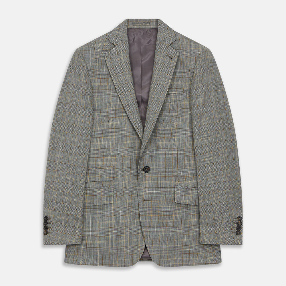 The Turnbull & Asser Beige Wool Prince-of-Wales Check Jacket is a single-breasted blazer with a notched lapel, one-button closure, two front flap pockets, and sleeve button details—an ideal lightweight summer jacket.
