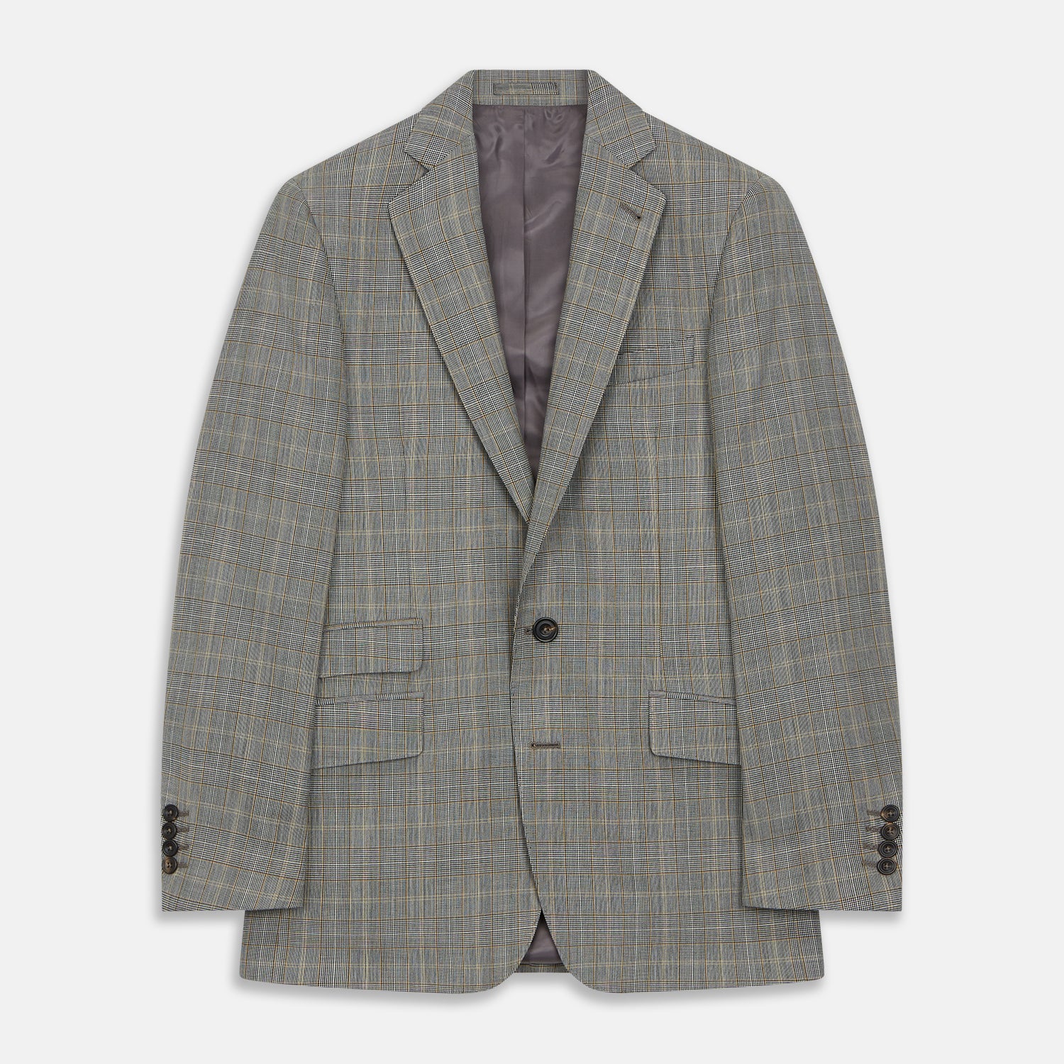 View 1 of product The Turnbull & Asser Beige Wool Prince-of-Wales Check Jacket is a single-breasted blazer with a notched lapel, one-button closure, two front flap pockets, and sleeve button details—an ideal lightweight summer jacket.