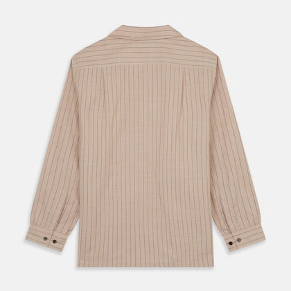 Beige Stripe Cotton Holiday Fit Shirt with Revere Collar & Single Button Cuff Image 6
