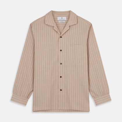 Beige Stripe Cotton Holiday Fit Shirt with Revere Collar & Single Button Cuff Image 1