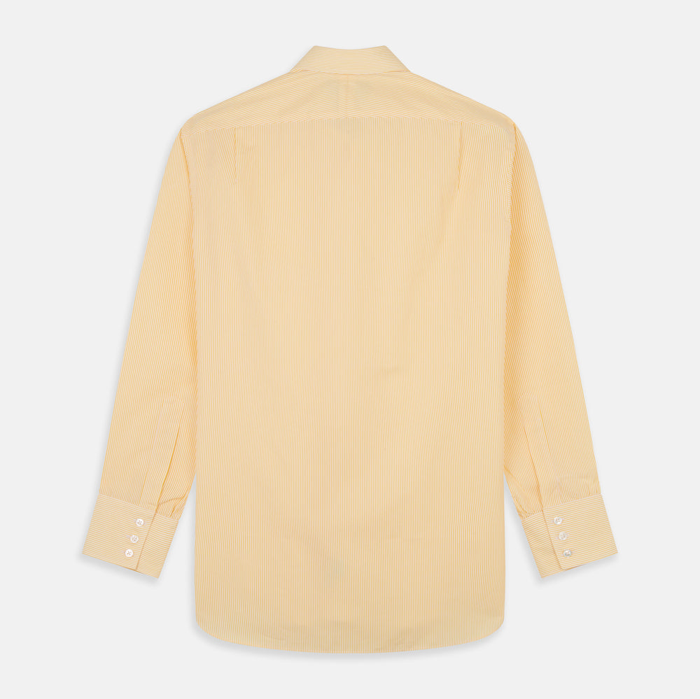 The Turnbull & Asser Yellow Fine Stripe Regular Fit Shirt with T&A Collar features long sleeves, a button-down front, and buttoned cuffs, crafted from fine Italian cotton and shown against a white background.