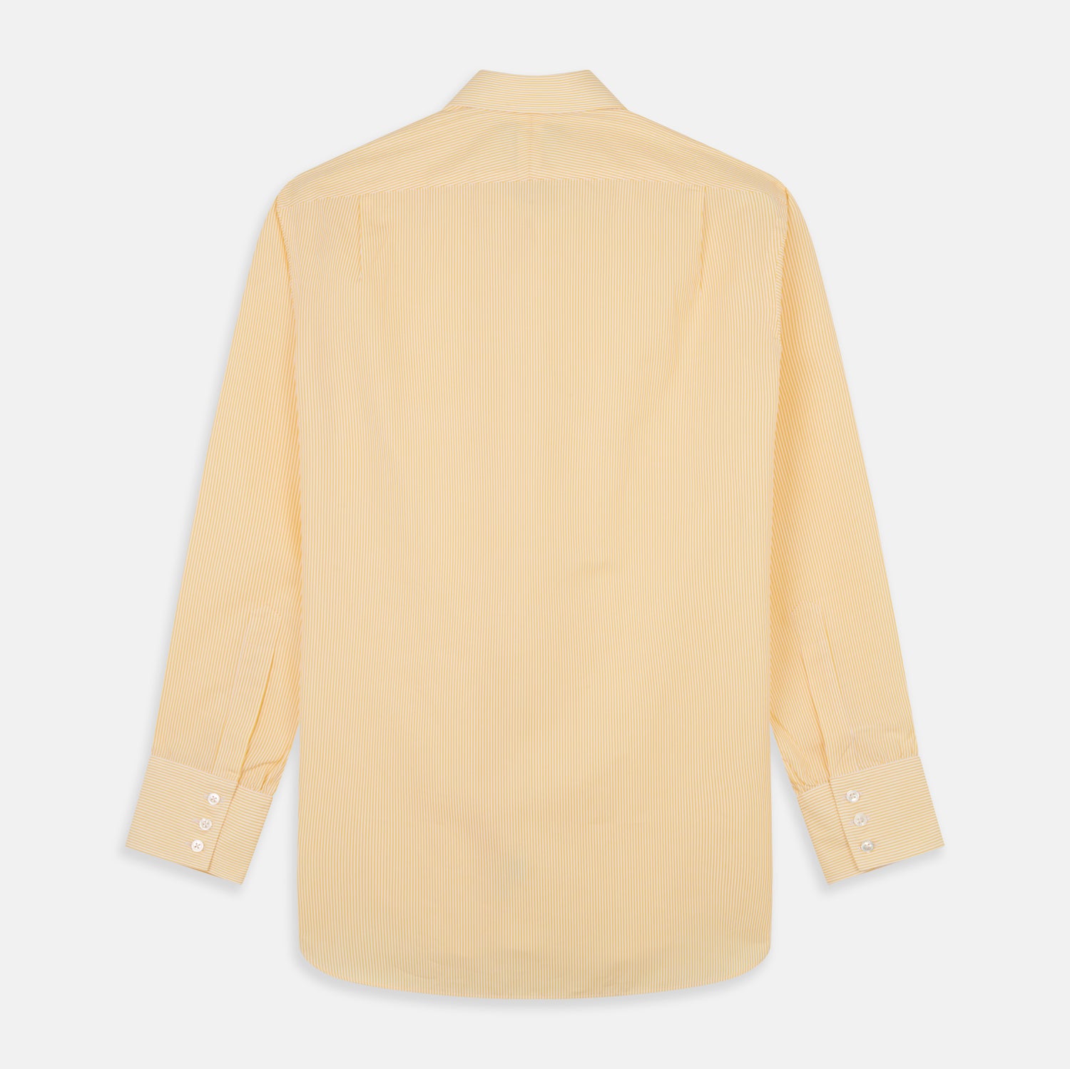View 5 of product The Turnbull & Asser Yellow Fine Stripe Regular Fit Shirt with T&A Collar features long sleeves, a button-down front, and buttoned cuffs, crafted from fine Italian cotton and shown against a white background.