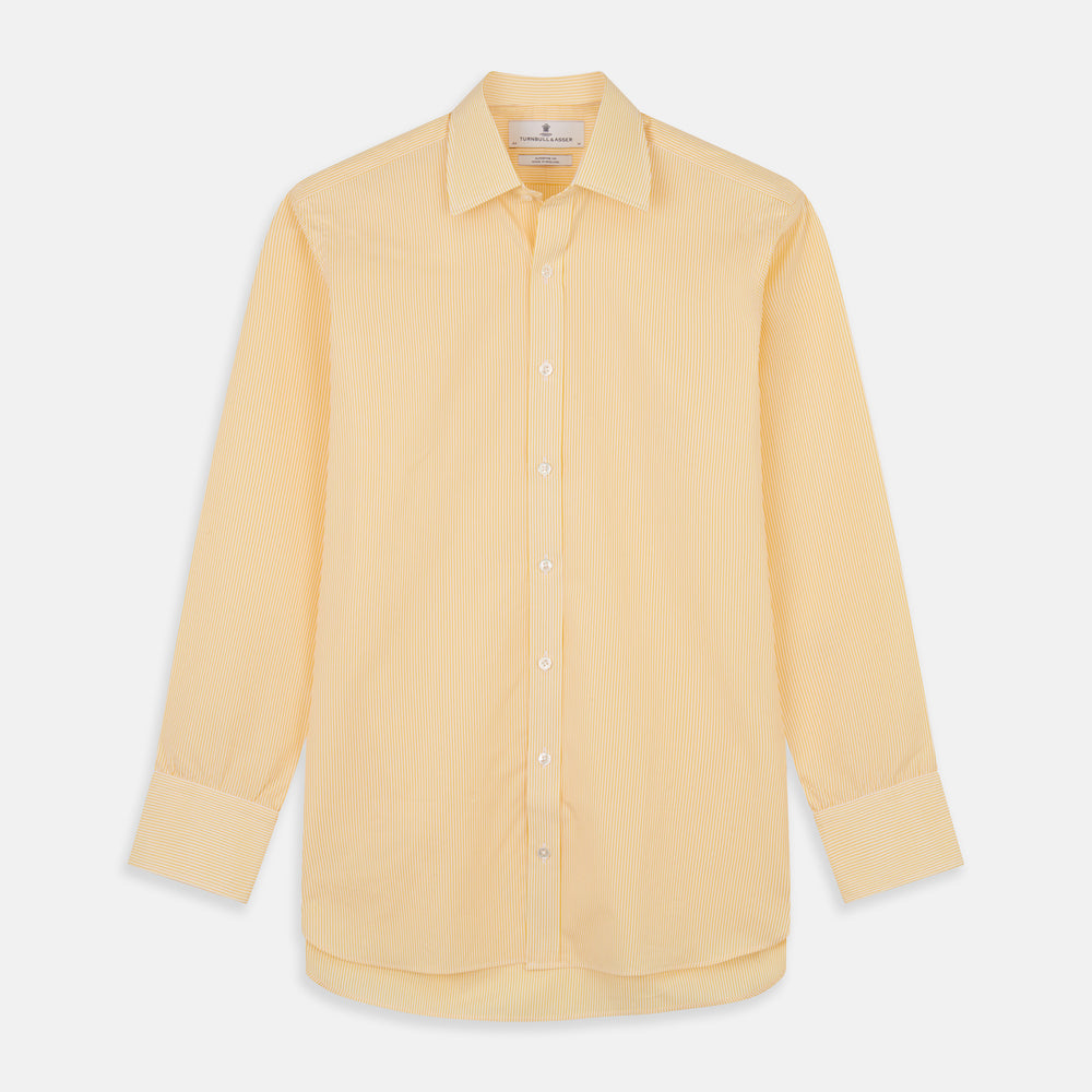 The Turnbull & Asser Yellow Fine Stripe Regular Fit Shirt with T&A Collar features long sleeves, a button-down front, and buttoned cuffs, crafted from fine Italian cotton and shown against a white background.