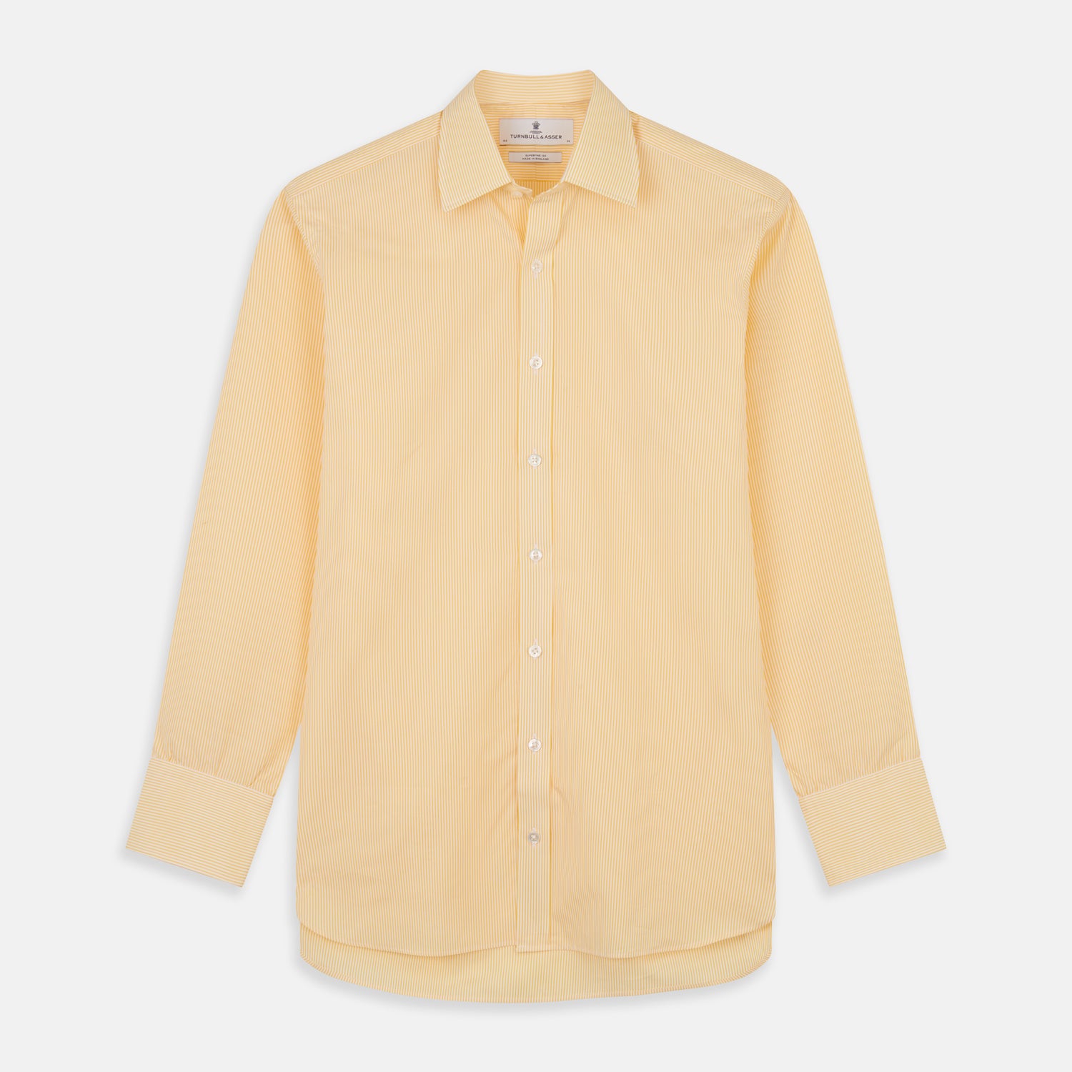 View 1 of product The Turnbull & Asser Yellow Fine Stripe Regular Fit Shirt with T&A Collar features long sleeves, a button-down front, and buttoned cuffs, crafted from fine Italian cotton and shown against a white background.