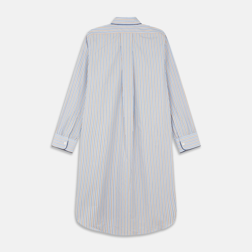 The Turnbull & Asser Blue, Orange and Navy Stripe Nightshirt is a loose-fitting shirt dress with vertical stripes, a pointed collar, chest pocket with blue trim, button-down front, long sleeves with cuffs, and a curved hem.