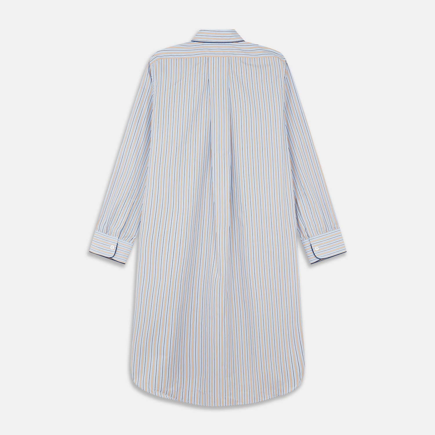 View 5 of product The Turnbull & Asser Blue, Orange and Navy Stripe Nightshirt is a loose-fitting shirt dress with vertical stripes, a pointed collar, chest pocket with blue trim, button-down front, long sleeves with cuffs, and a curved hem.