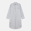 View 1 of product The Turnbull & Asser Blue, Orange and Navy Stripe Nightshirt is a loose-fitting shirt dress with vertical stripes, a pointed collar, chest pocket with blue trim, button-down front, long sleeves with cuffs, and a curved hem.