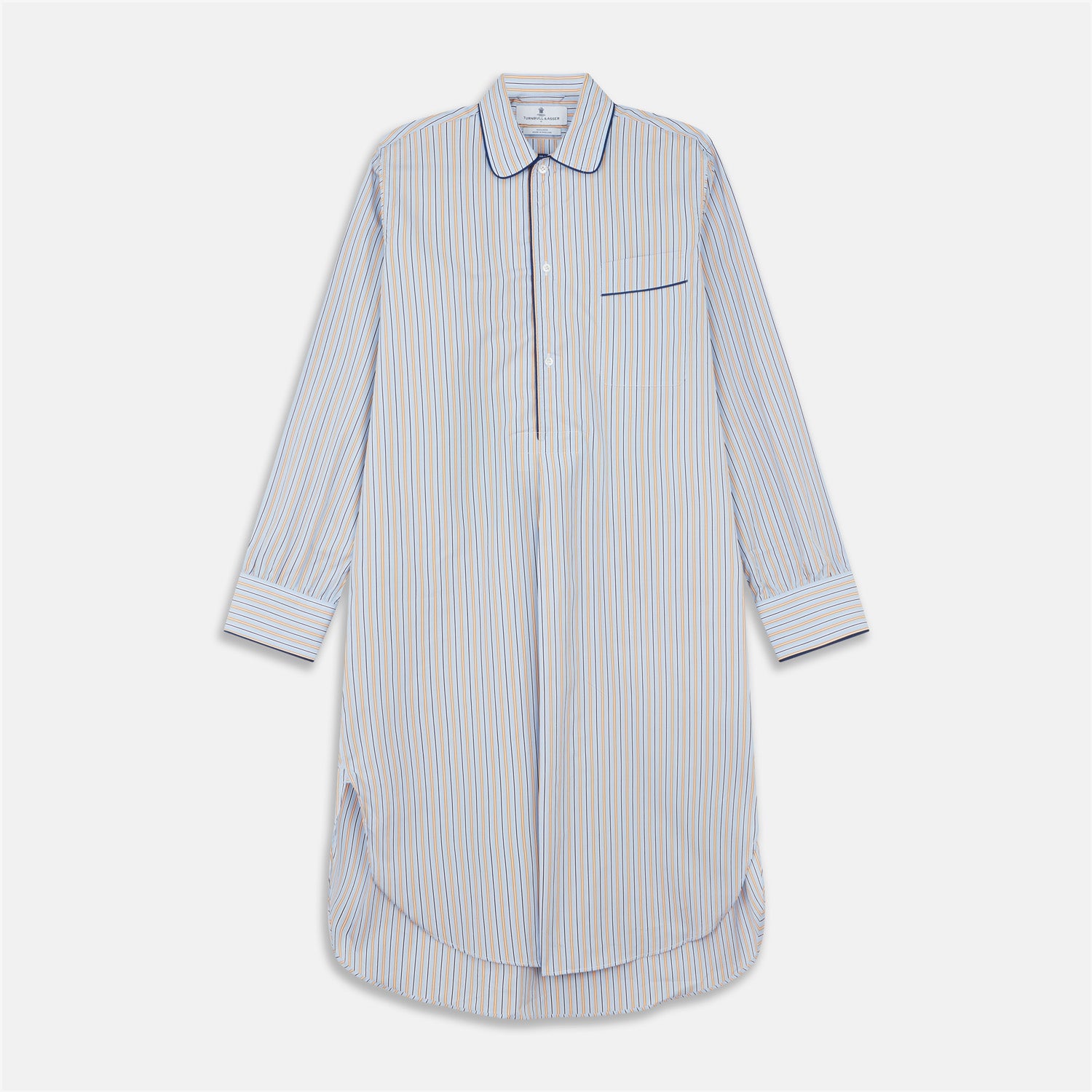 View 1 of product The Turnbull & Asser Blue, Orange and Navy Stripe Nightshirt is a loose-fitting shirt dress with vertical stripes, a pointed collar, chest pocket with blue trim, button-down front, long sleeves with cuffs, and a curved hem.