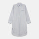 The Turnbull & Asser Blue, Orange and Navy Stripe Nightshirt is a loose-fitting shirt dress with vertical stripes, a pointed collar, chest pocket with blue trim, button-down front, long sleeves with cuffs, and a curved hem.
