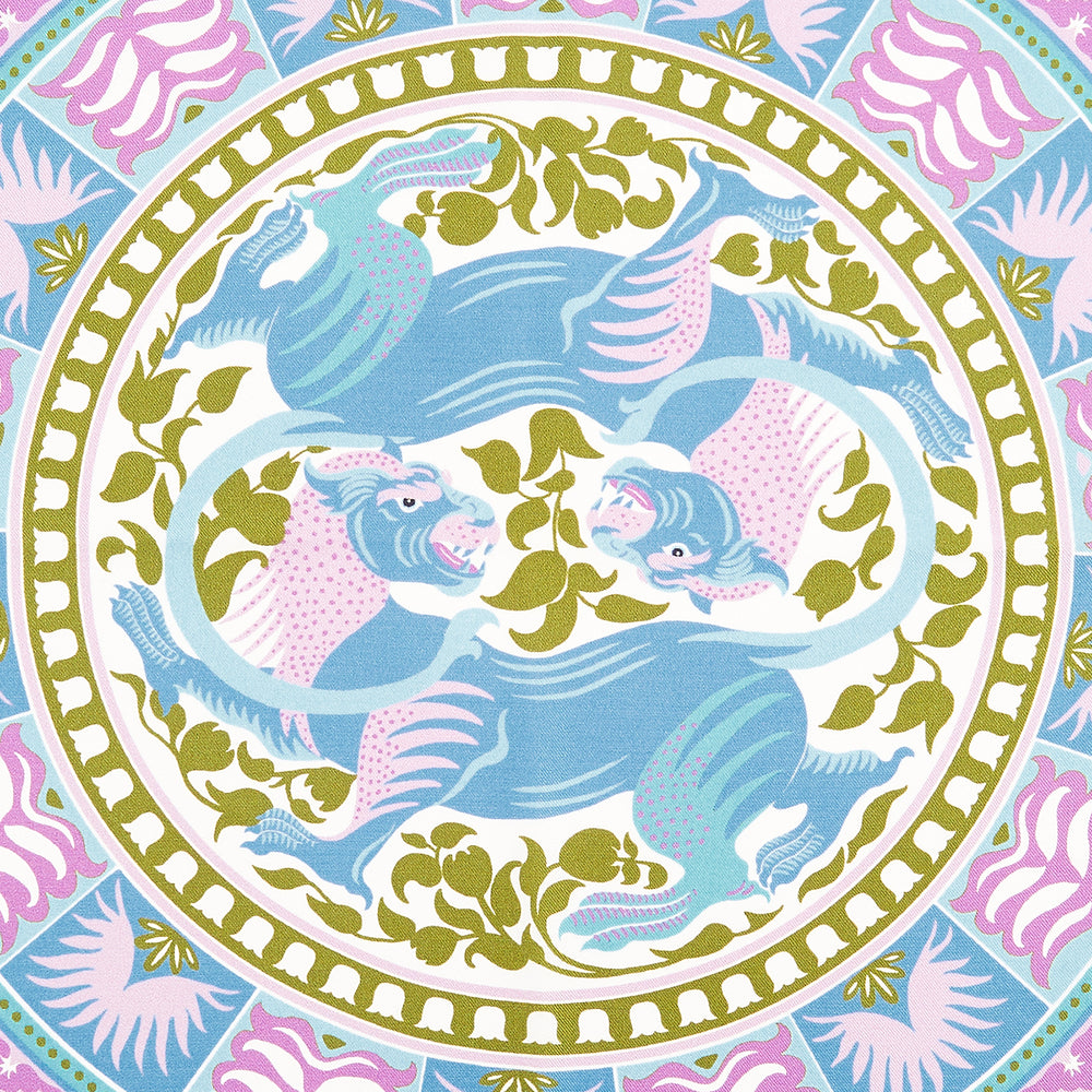The Turnbull & Asser Green Multi Griffins Silk Pocket Square features blue mythical griffins at the center and decorative pink, gold, and blue borders—an ideal accessory for autumn ensembles.