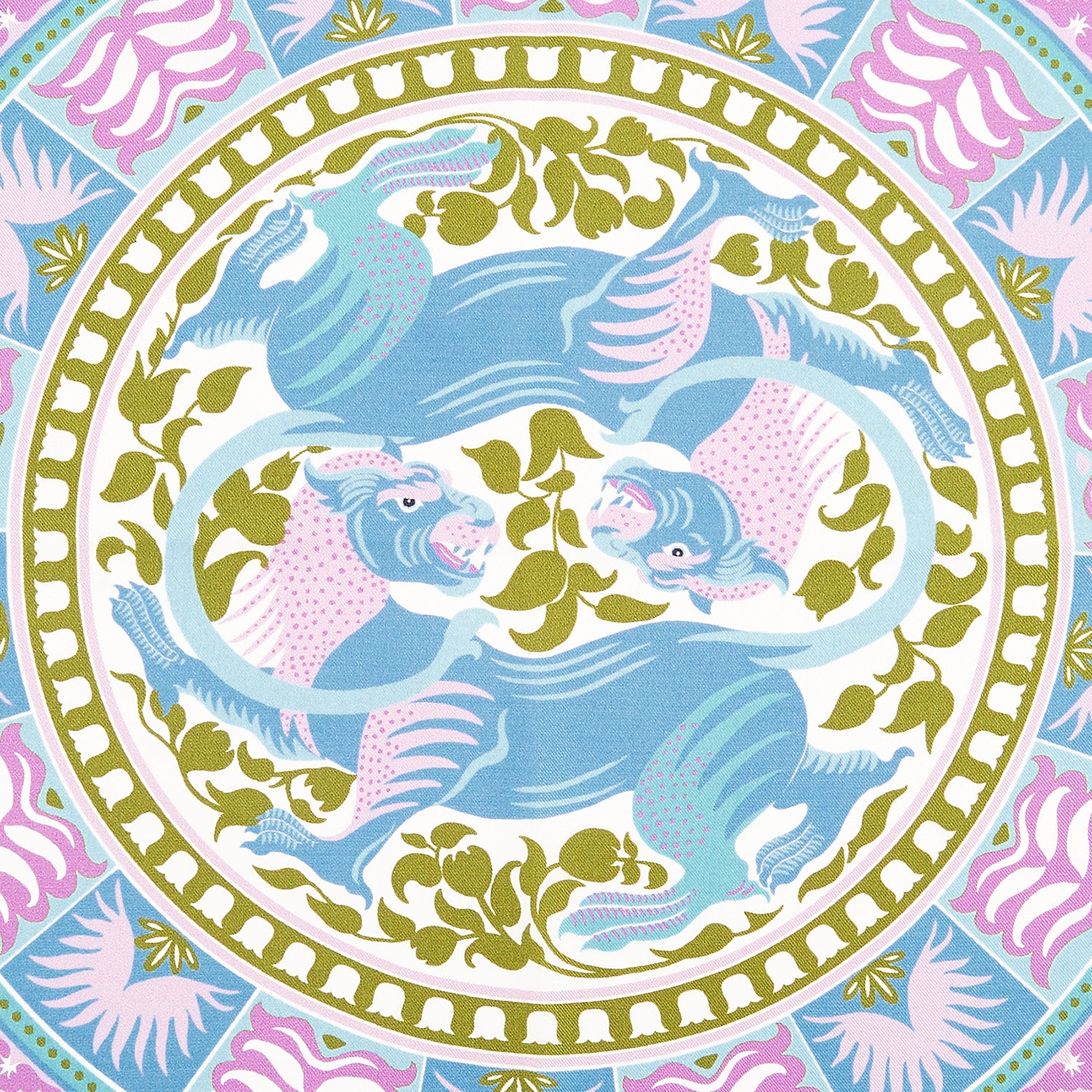 View 2 of product The Turnbull & Asser Green Multi Griffins Silk Pocket Square features blue mythical griffins at the center and decorative pink, gold, and blue borders—an ideal accessory for autumn ensembles.