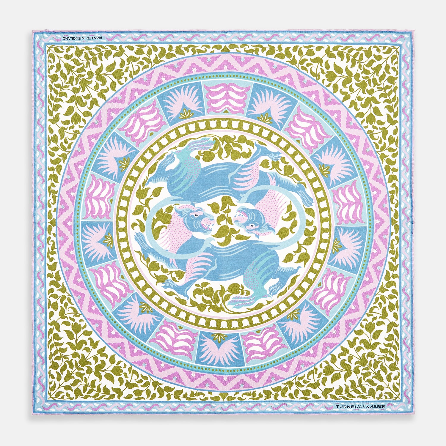 View 1 of product The Turnbull & Asser Green Multi Griffins Silk Pocket Square features blue mythical griffins at the center and decorative pink, gold, and blue borders—an ideal accessory for autumn ensembles.