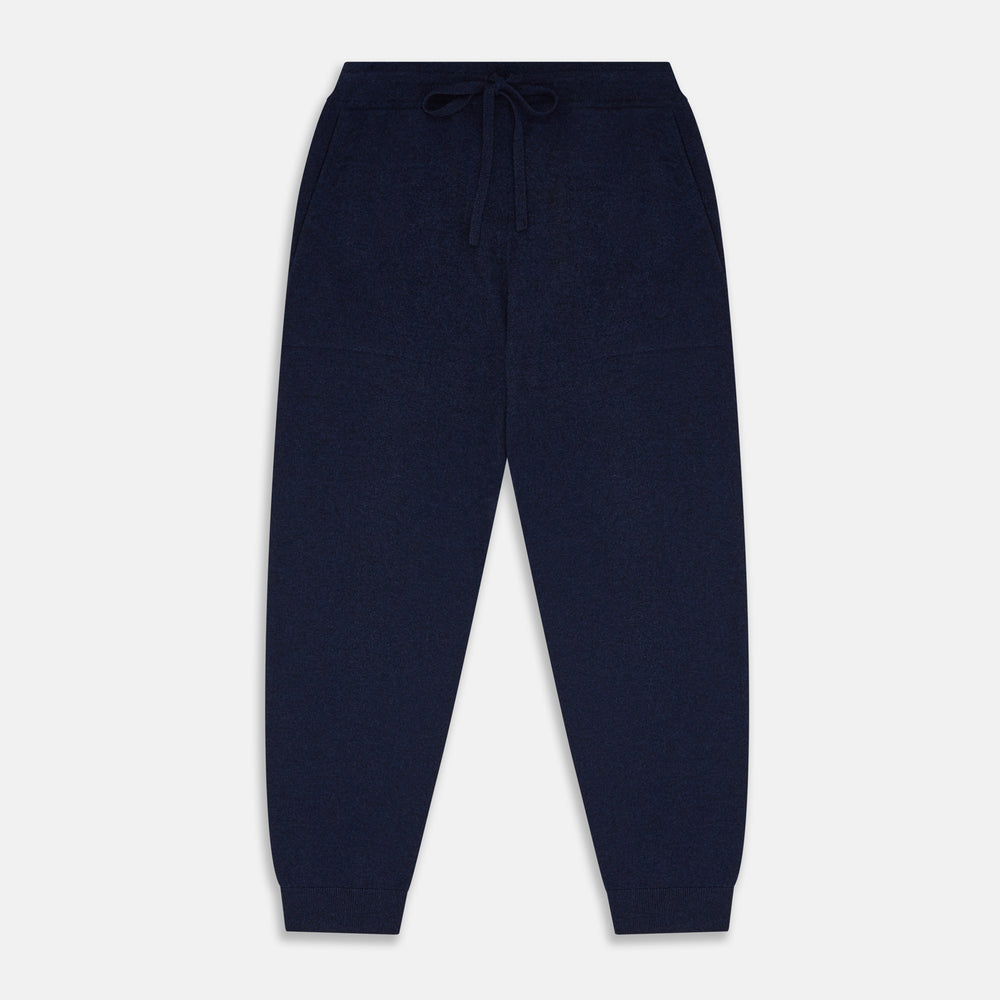The Navy Cashmere Knitted Lounge Pyjama Trousers by Turnbull & Asser feature a contemporary fit, elastic waistband with drawstring, side pockets, and fitted cuffs, shown laid flat on a white background.