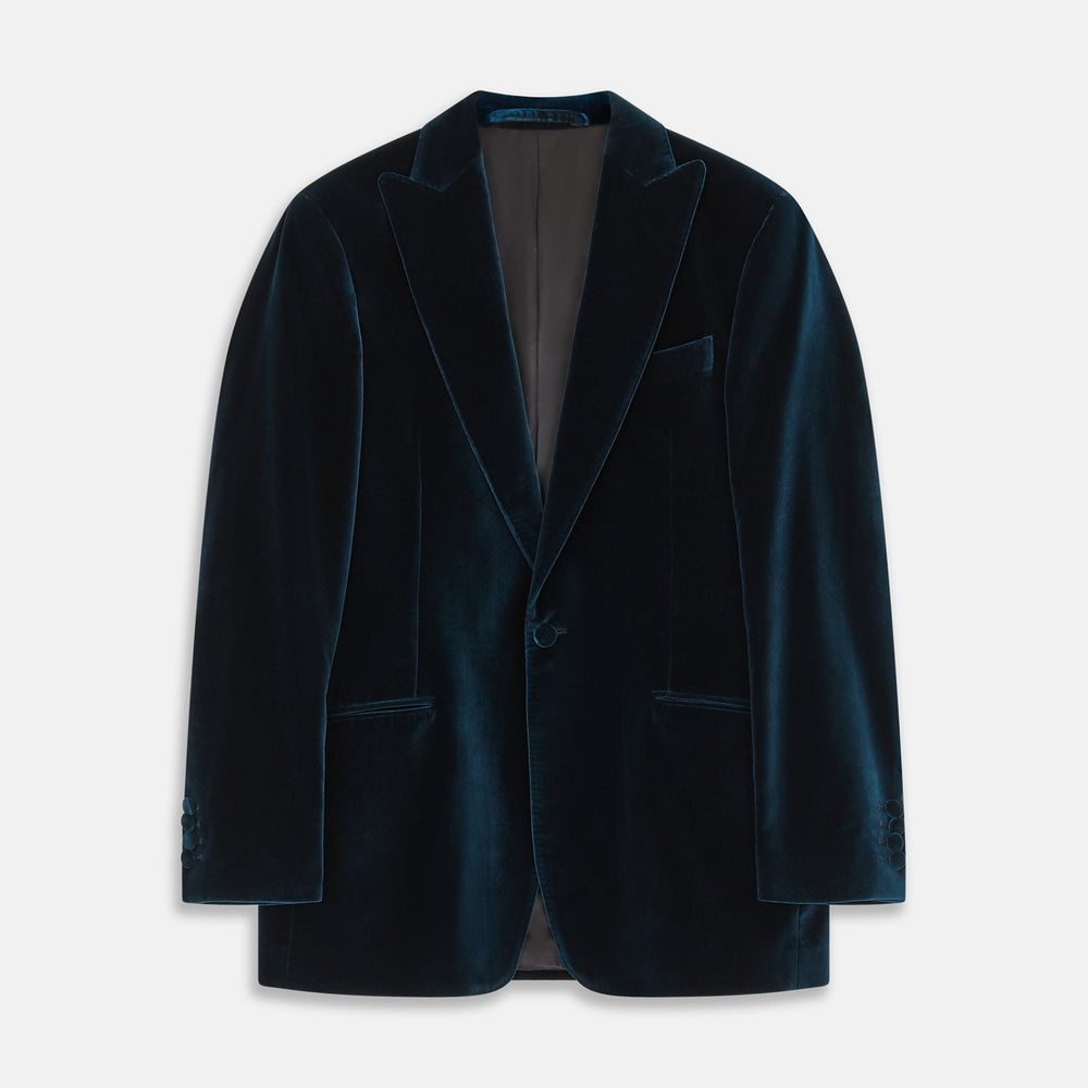 The Turnbull & Asser Teal Velvet Single Breasted Blazer features a single button closure, notched lapels, and front flap pockets, shown against a plain white background.