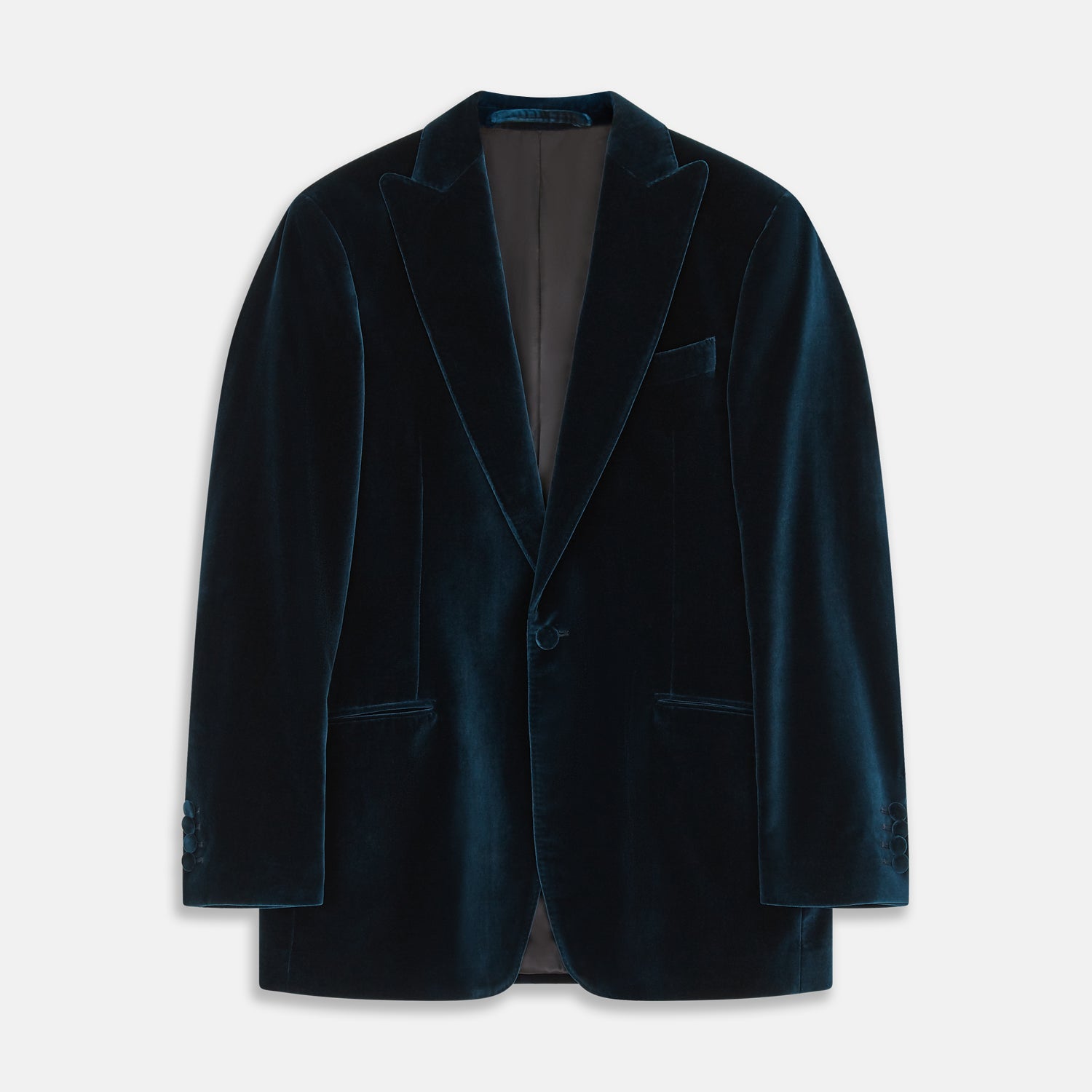 View 1 of product The Turnbull & Asser Teal Velvet Single Breasted Blazer features a single button closure, notched lapels, and front flap pockets, shown against a plain white background.