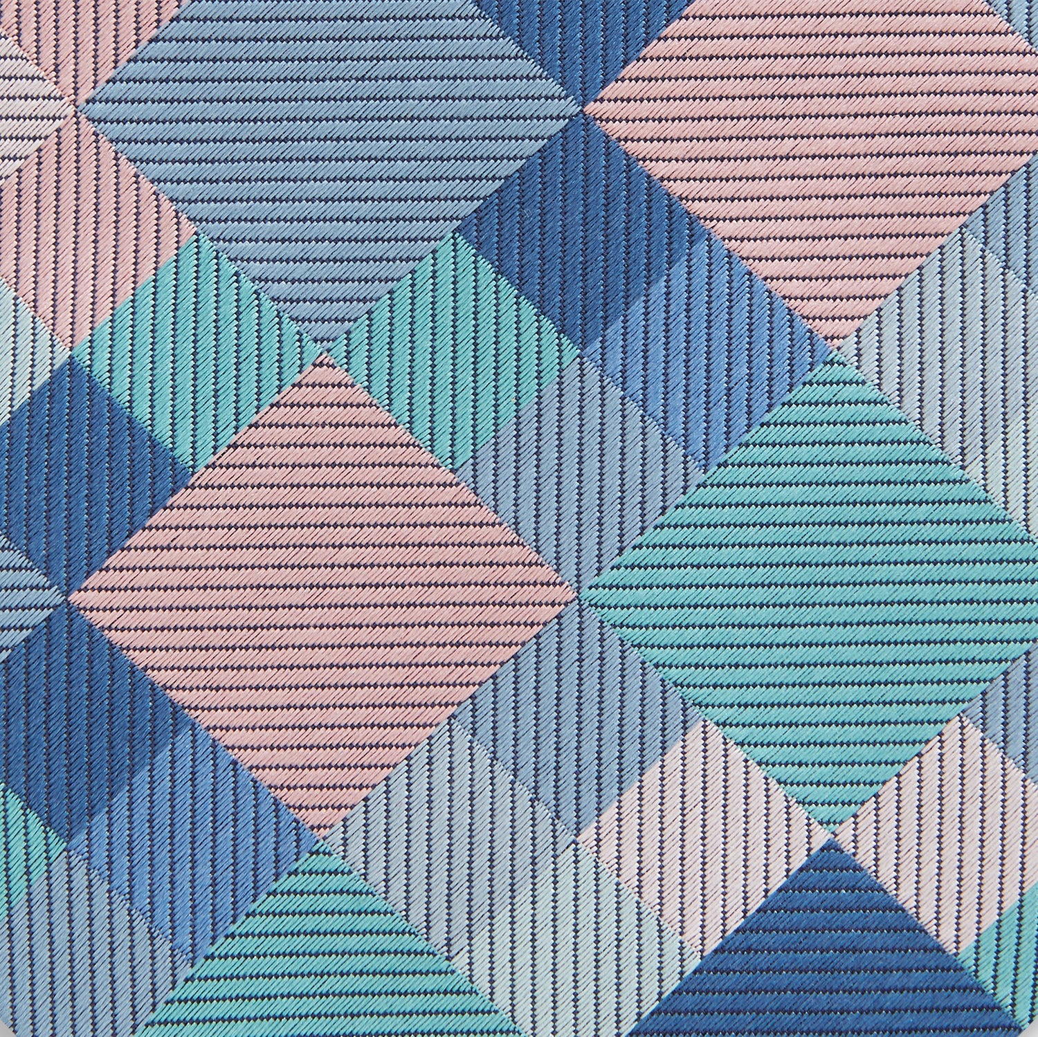 View 4 of product The Green Multi Pixel Silk Tie by Turnbull & Asser features a checked pattern in blue, teal, and pink on a light background, with diagonal stripes in each square for added texture.
