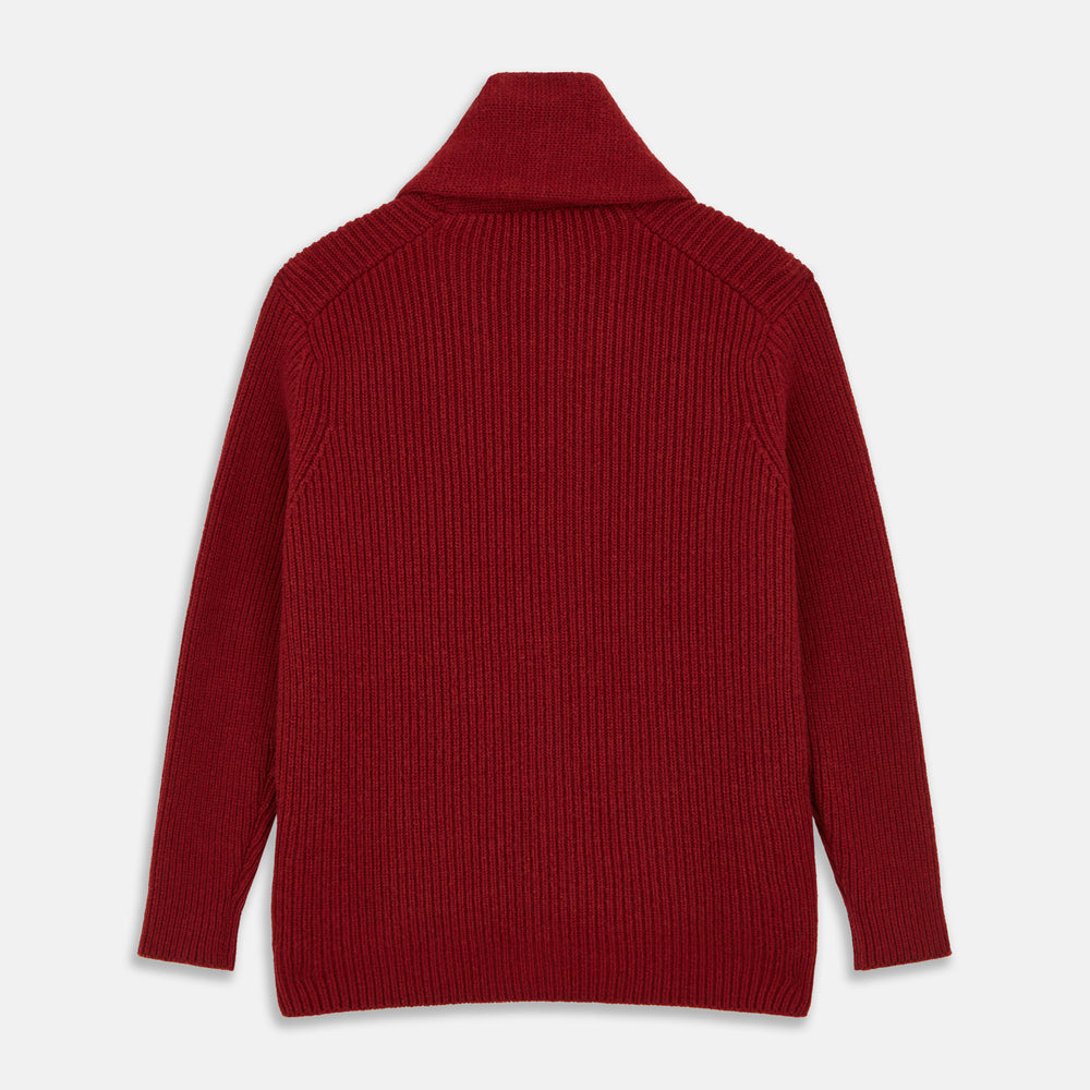 The Turnbull & Asser Burgundy Cashmere Ribbed Shawl Neck Ainsley Cardigan, featuring a button closure and two front pockets, is displayed flat on a white background.