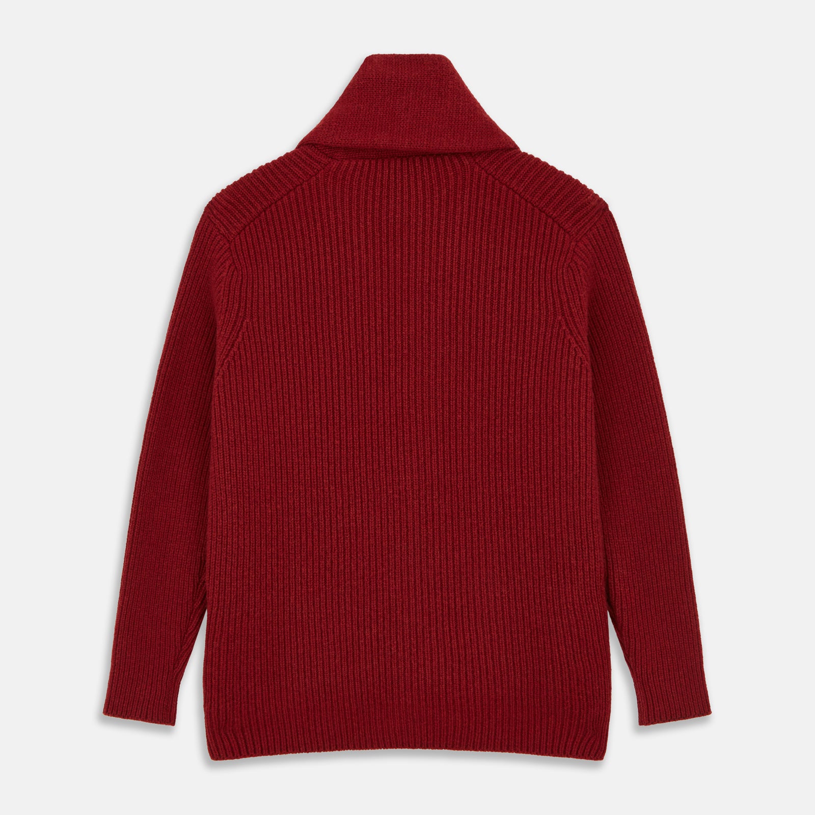 View 3 of product The Turnbull & Asser Burgundy Cashmere Ribbed Shawl Neck Ainsley Cardigan, featuring a button closure and two front pockets, is displayed flat on a white background.