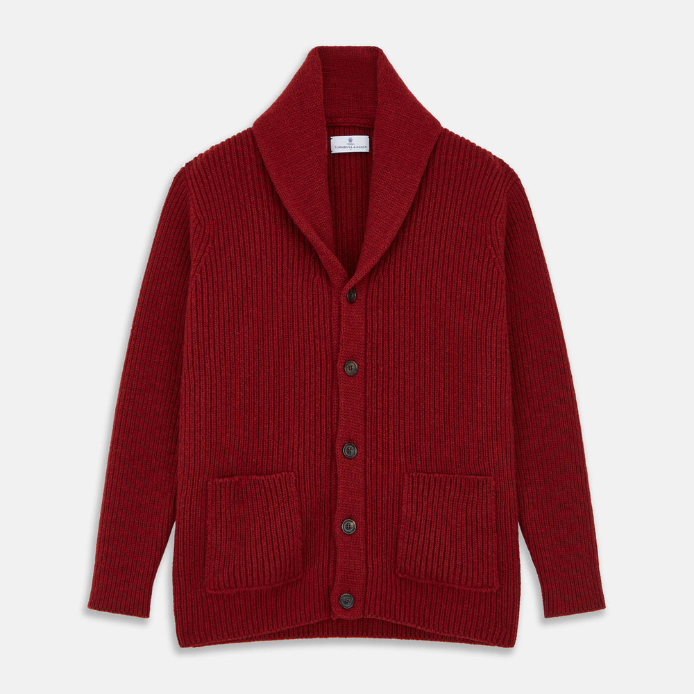 The Turnbull & Asser Burgundy Cashmere Ribbed Shawl Neck Ainsley Cardigan, featuring a button closure and two front pockets, is displayed flat on a white background.