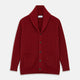 The Turnbull & Asser Burgundy Cashmere Ribbed Shawl Neck Ainsley Cardigan, featuring a button closure and two front pockets, is displayed flat on a white background.