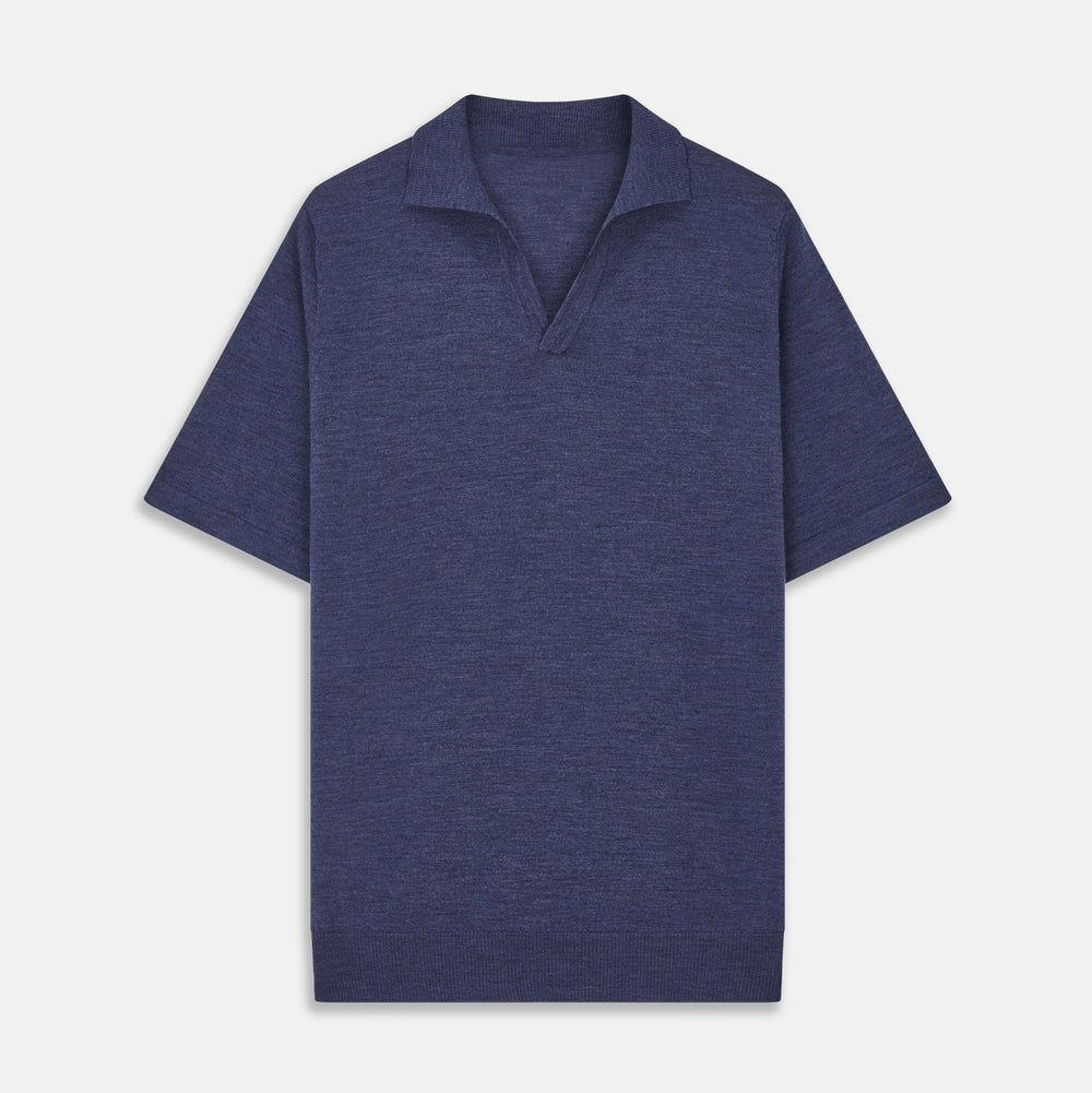 Turnbull & Asser Blue Merino Wool Roland Polo Shirt with short sleeves and an open collar, shown flat on a white background.