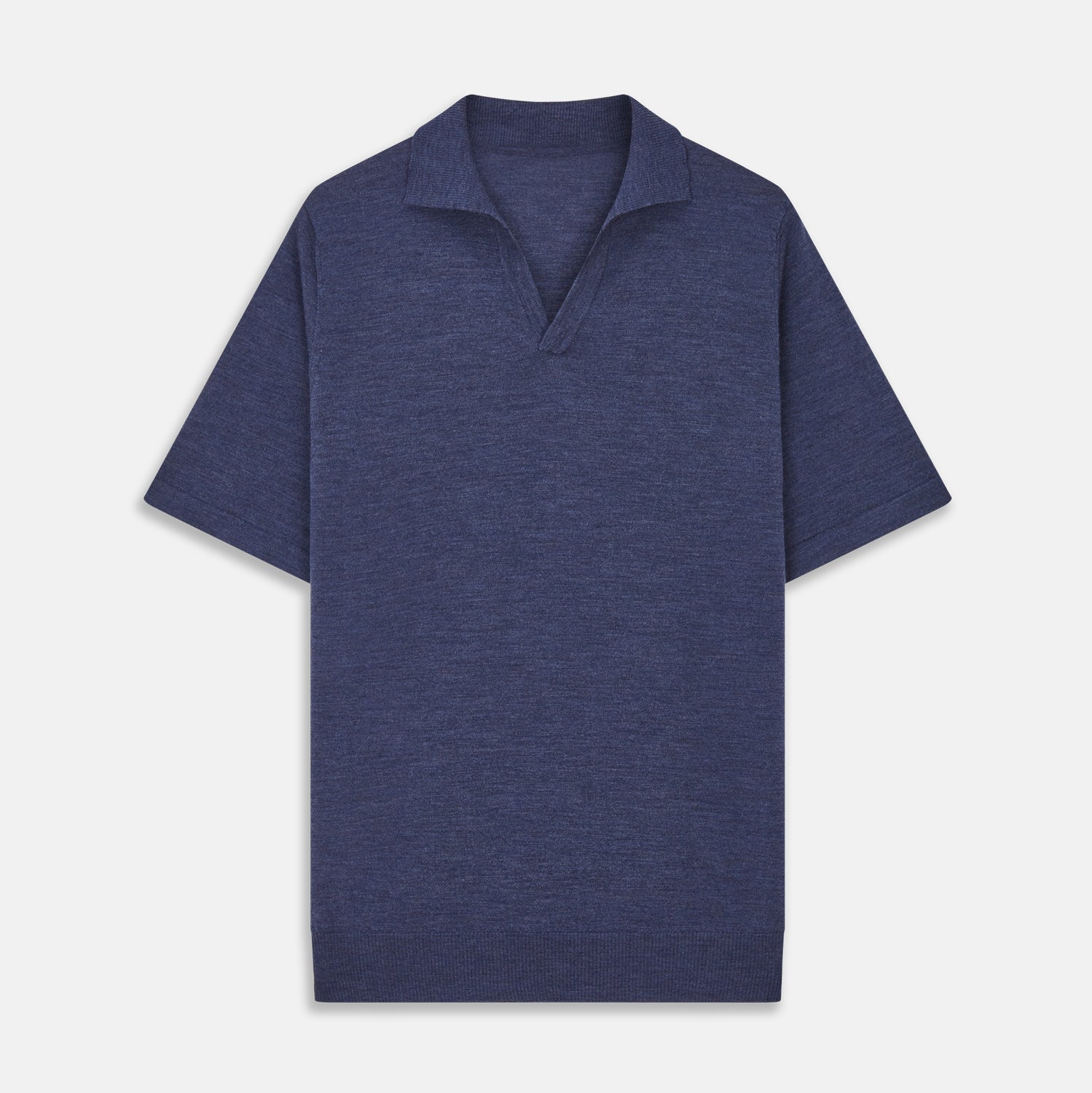 View 1 of product Turnbull & Asser Blue Merino Wool Roland Polo Shirt with short sleeves and an open collar, shown flat on a white background.