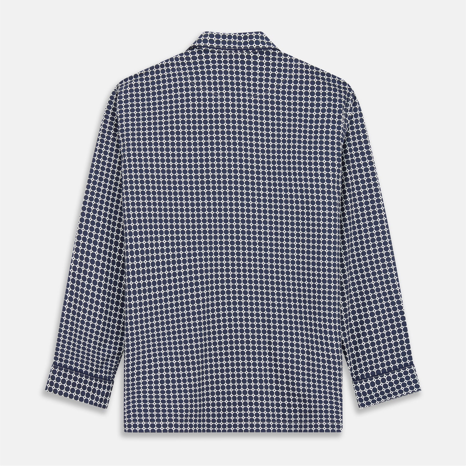 View 6 of product The Navy Motif Silk-Blend Hyde Pyjama Set by Turnbull & Asser features a blue and white pattern, long-sleeve button-up top with collar and front pocket, and matching pants, all displayed against a white background.