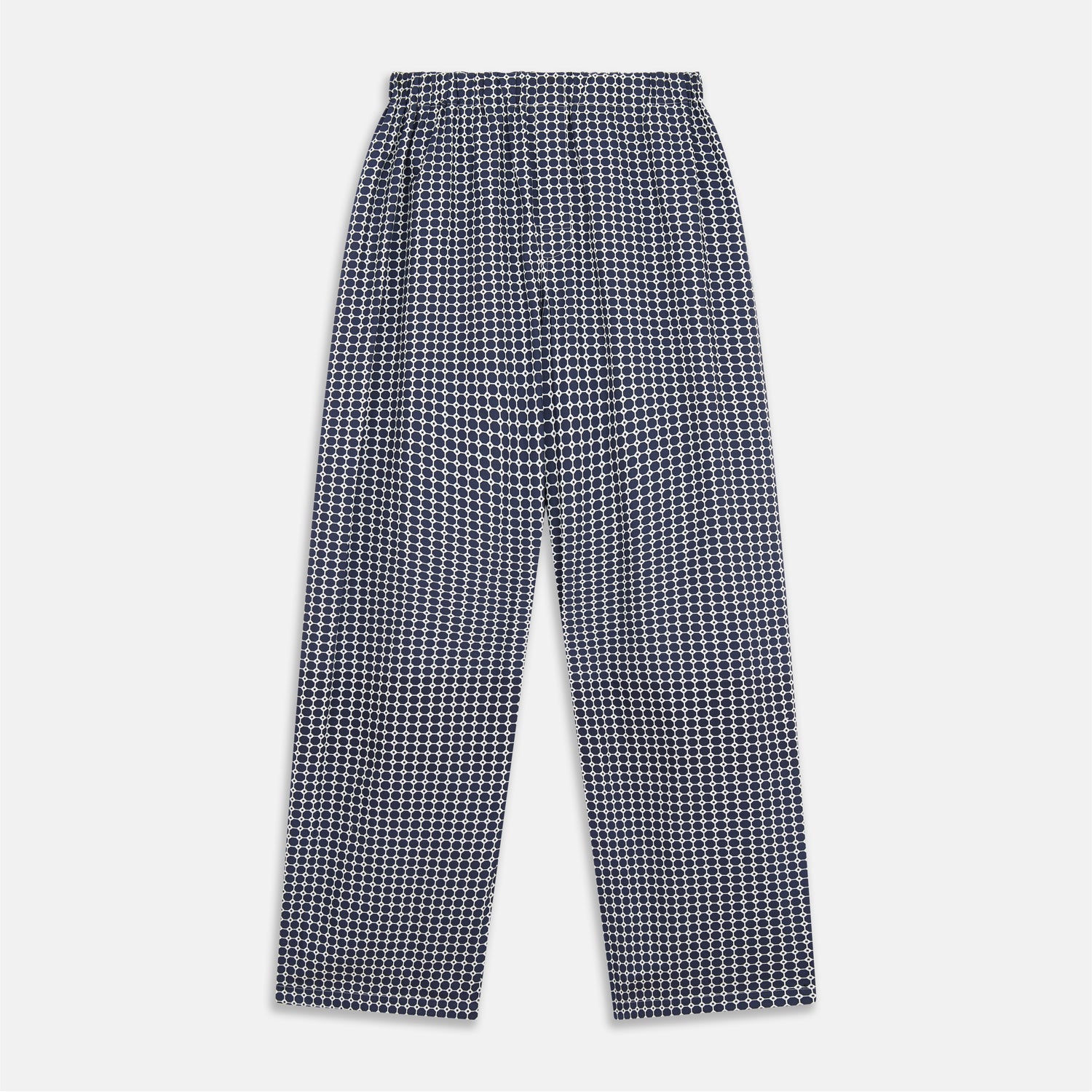 View 7 of product The Navy Motif Silk-Blend Hyde Pyjama Set by Turnbull & Asser features a blue and white pattern, long-sleeve button-up top with collar and front pocket, and matching pants, all displayed against a white background.