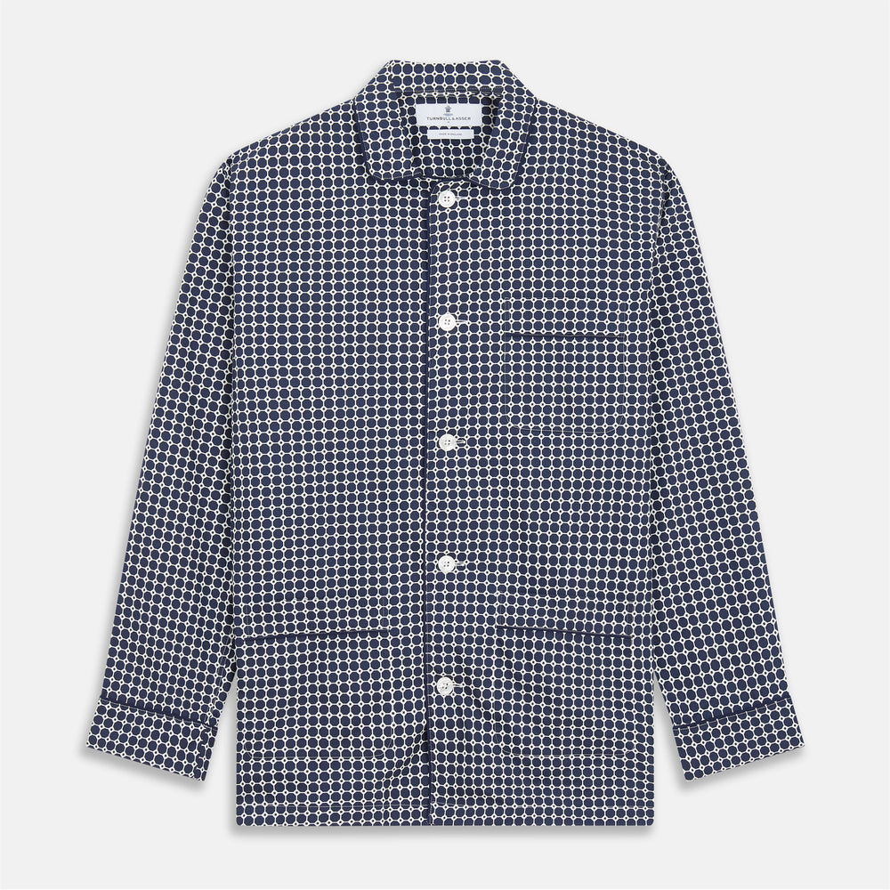 The Navy Motif Silk-Blend Hyde Pyjama Set by Turnbull & Asser features a blue and white pattern, long-sleeve button-up top with collar and front pocket, and matching pants, all displayed against a white background.