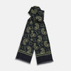 View 1 of product The Navy Paisley Silk Lawton Scarf by Turnbull & Asser features light green and cream paisley, a thin green stripe near the ends, short fringes on the edge, and is expertly crafted at a renowned UK silk mill.