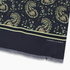 View 2 of product The Navy Paisley Silk Lawton Scarf by Turnbull & Asser features light green and cream paisley, a thin green stripe near the ends, short fringes on the edge, and is expertly crafted at a renowned UK silk mill.
