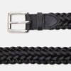 View 2 of product The Turnbull & Asser Black Leather Woven Belt, hand-woven with a shiny silver buckle, is shown rolled up on a plain white background.