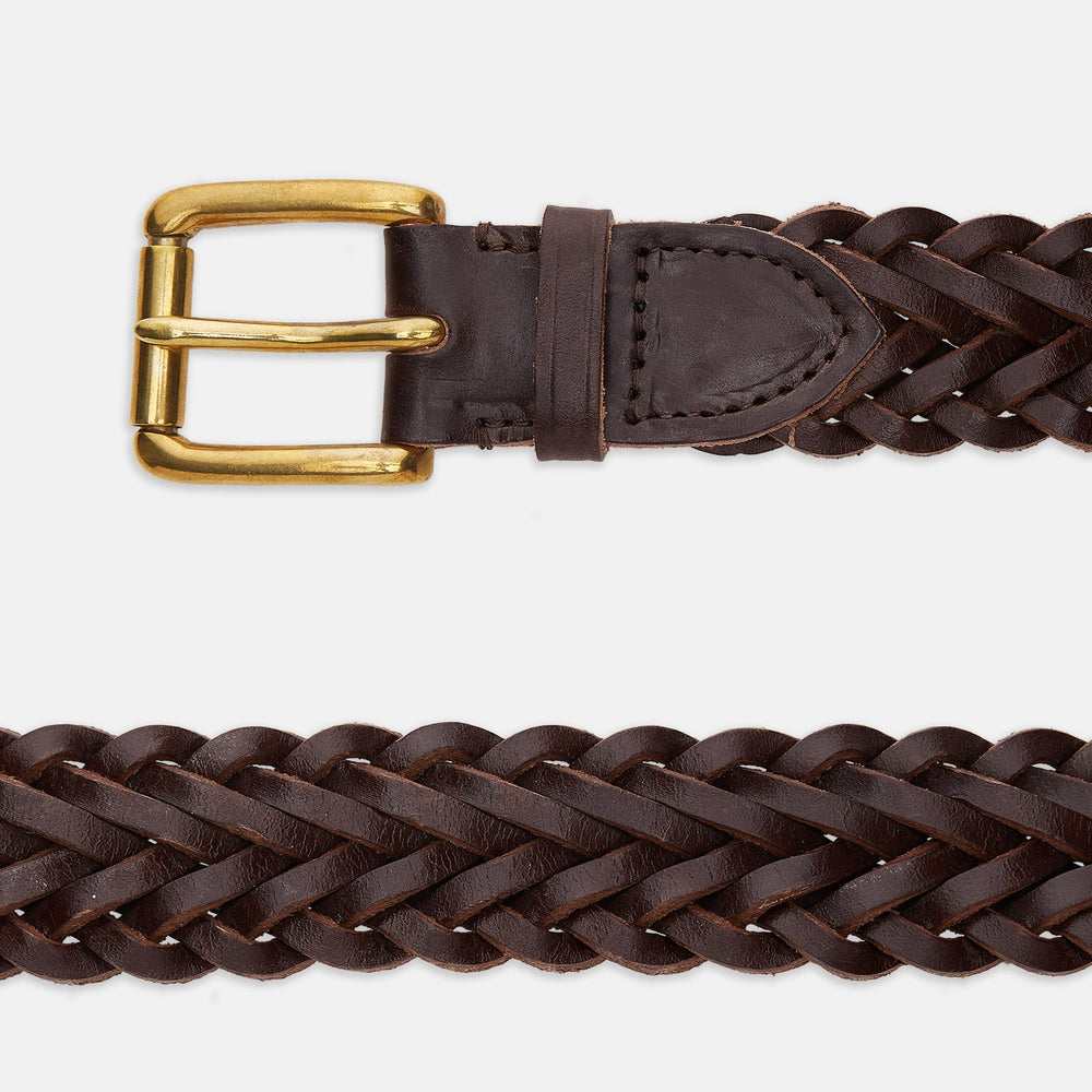 The Turnbull & Asser Brown Leather Woven Belt features a chocolate brown braided design and a brass roller buckle, displayed on a plain white background.