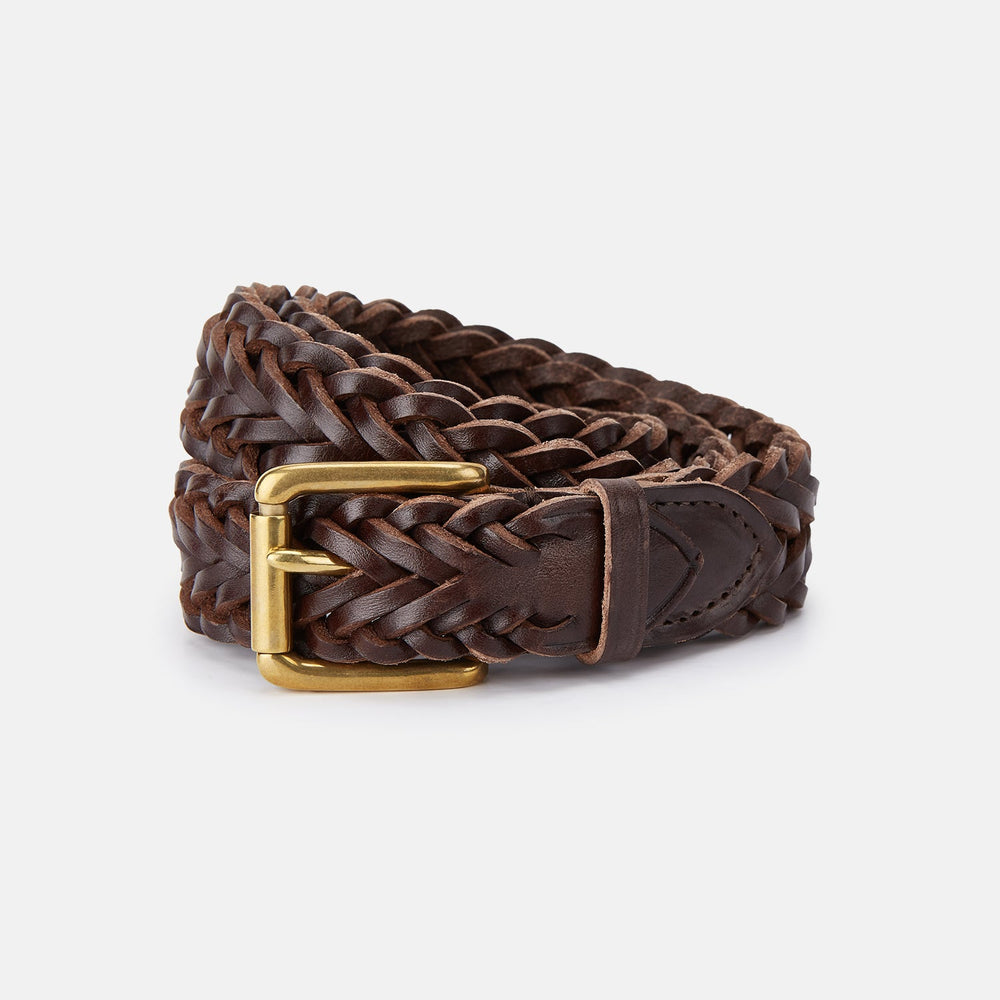 The Turnbull & Asser Brown Leather Woven Belt features a chocolate brown braided design and a brass roller buckle, displayed on a plain white background.