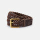 The Turnbull & Asser Brown Leather Woven Belt features a chocolate brown braided design and a brass roller buckle, displayed on a plain white background.