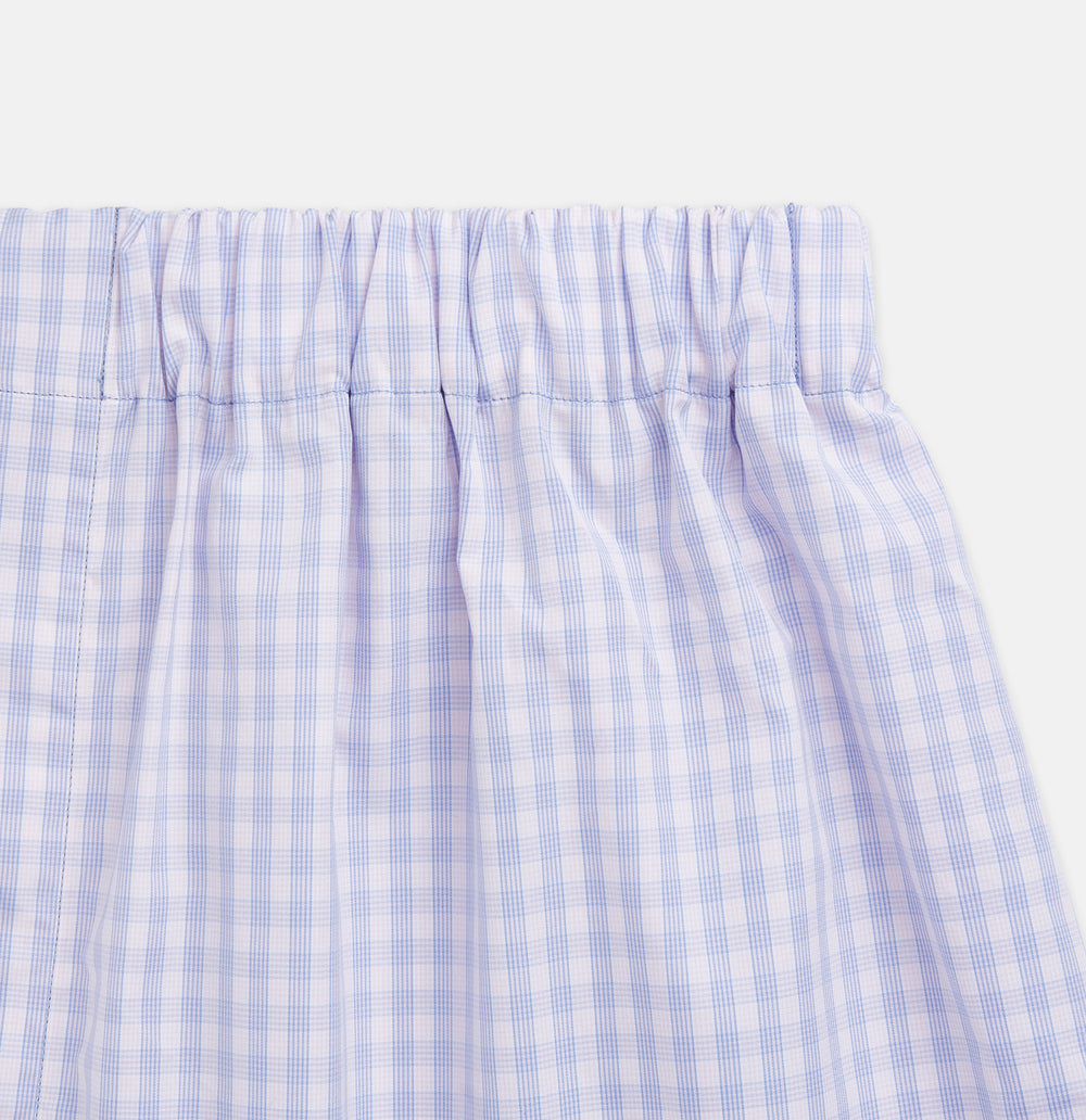 Lilac multi check cotton Godfrey boxer shorts by Turnbull & Asser, featuring an elastic waistband and classic style—a luxurious underwear choice, shown on a plain white background.